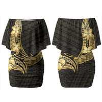 Gold Black Polynesia Hibiscus Plumeria Tattoo Couples Matching Off Shoulder Short Dress and Long Sleeve Button Shirt LT14 - Polynesian Pride