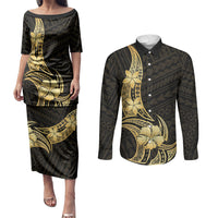 Gold Black Polynesia Hibiscus Plumeria Tattoo Couples Matching Puletasi and Long Sleeve Button Shirt LT14 Black - Polynesian Pride