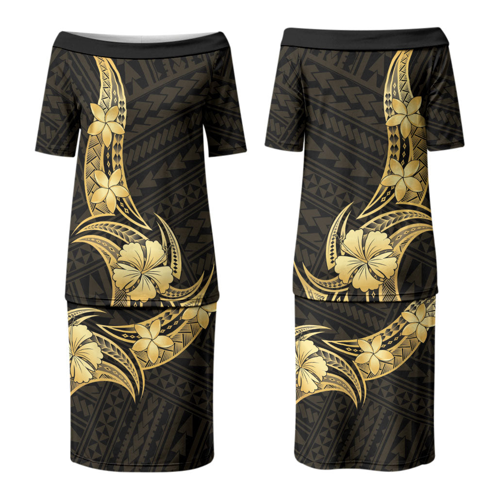 Gold Black Polynesia Hibiscus Plumeria Tattoo Couples Matching Puletasi and Long Sleeve Button Shirt LT14 - Polynesian Pride