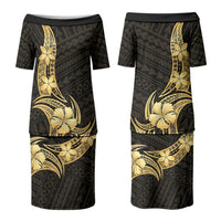 Gold Black Polynesia Hibiscus Plumeria Tattoo Couples Matching Puletasi and Long Sleeve Button Shirt LT14 - Polynesian Pride