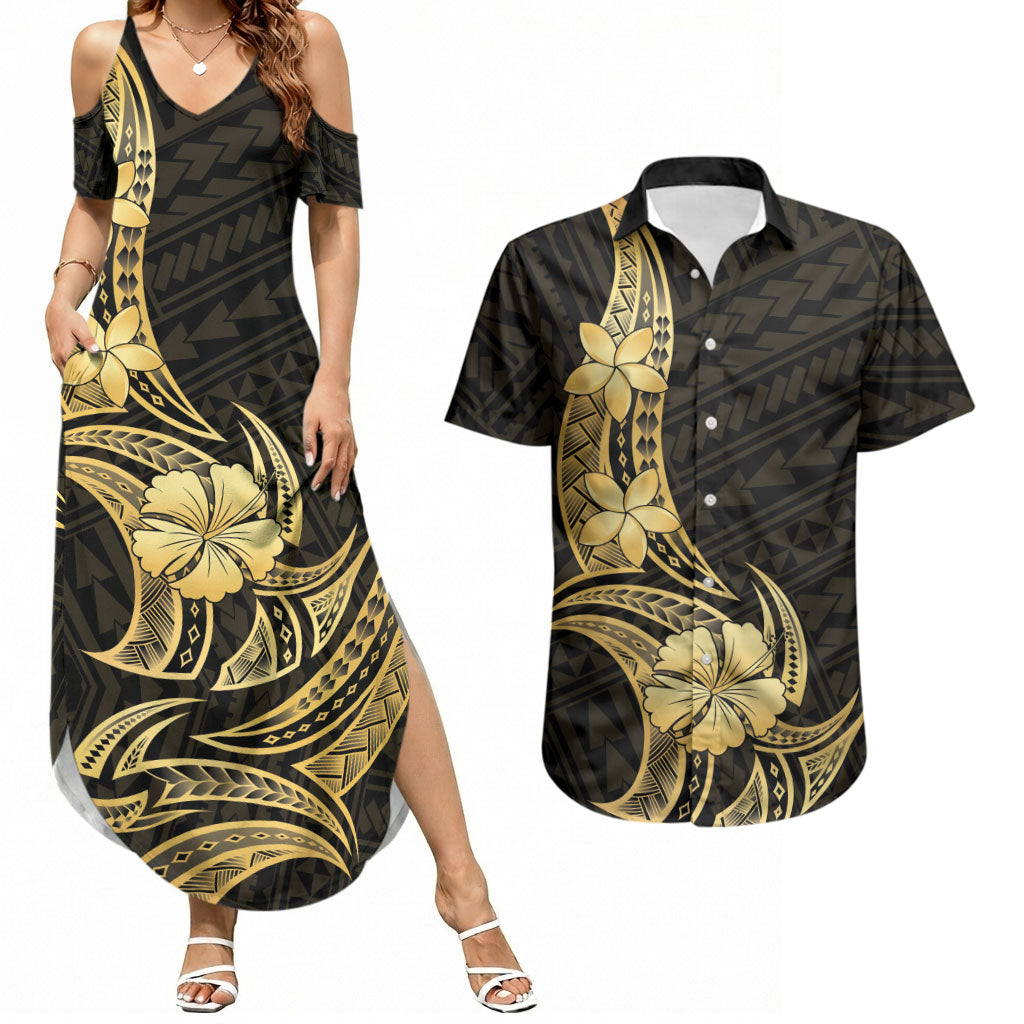 Gold Black Polynesia Hibiscus Plumeria Tattoo Couples Matching Summer Maxi Dress and Hawaiian Shirt LT14 Black - Polynesian Pride