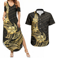 Gold Black Polynesia Hibiscus Plumeria Tattoo Couples Matching Summer Maxi Dress and Hawaiian Shirt LT14 Black - Polynesian Pride