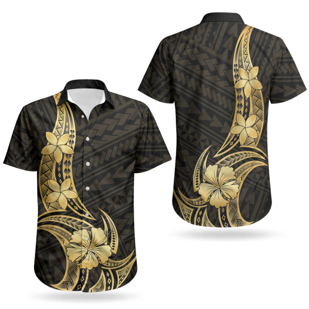Gold Black Polynesia Hibiscus Plumeria Tattoo Couples Matching Summer Maxi Dress and Hawaiian Shirt LT14 - Polynesian Pride