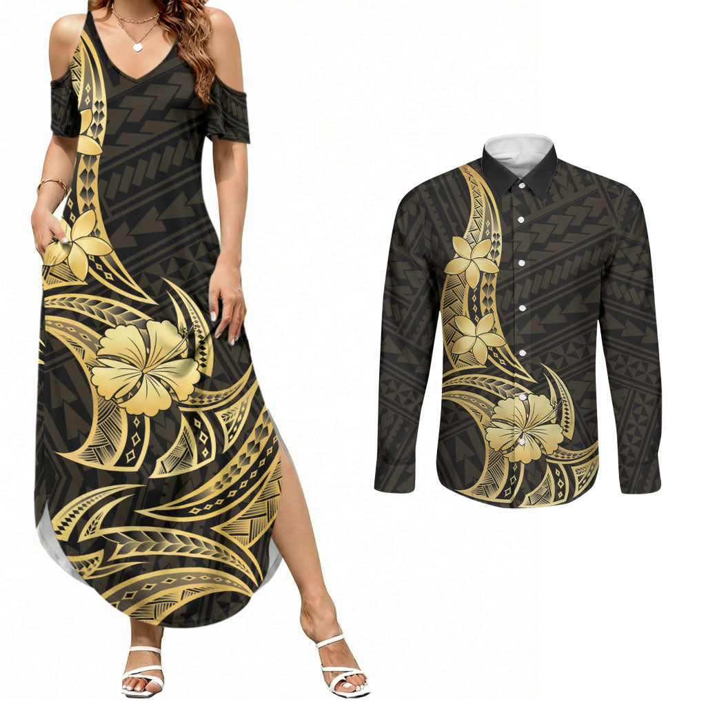 Gold Black Polynesia Hibiscus Plumeria Tattoo Couples Matching Summer Maxi Dress and Long Sleeve Button Shirt LT14 Black - Polynesian Pride