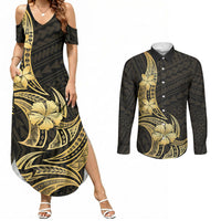 Gold Black Polynesia Hibiscus Plumeria Tattoo Couples Matching Summer Maxi Dress and Long Sleeve Button Shirt LT14 Black - Polynesian Pride