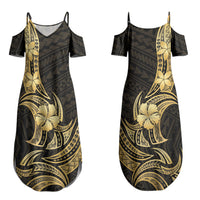 Gold Black Polynesia Hibiscus Plumeria Tattoo Couples Matching Summer Maxi Dress and Long Sleeve Button Shirt LT14 - Polynesian Pride