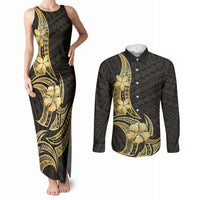 Gold Black Polynesia Hibiscus Plumeria Tattoo Couples Matching Tank Maxi Dress and Long Sleeve Button Shirt LT14 Black - Polynesian Pride
