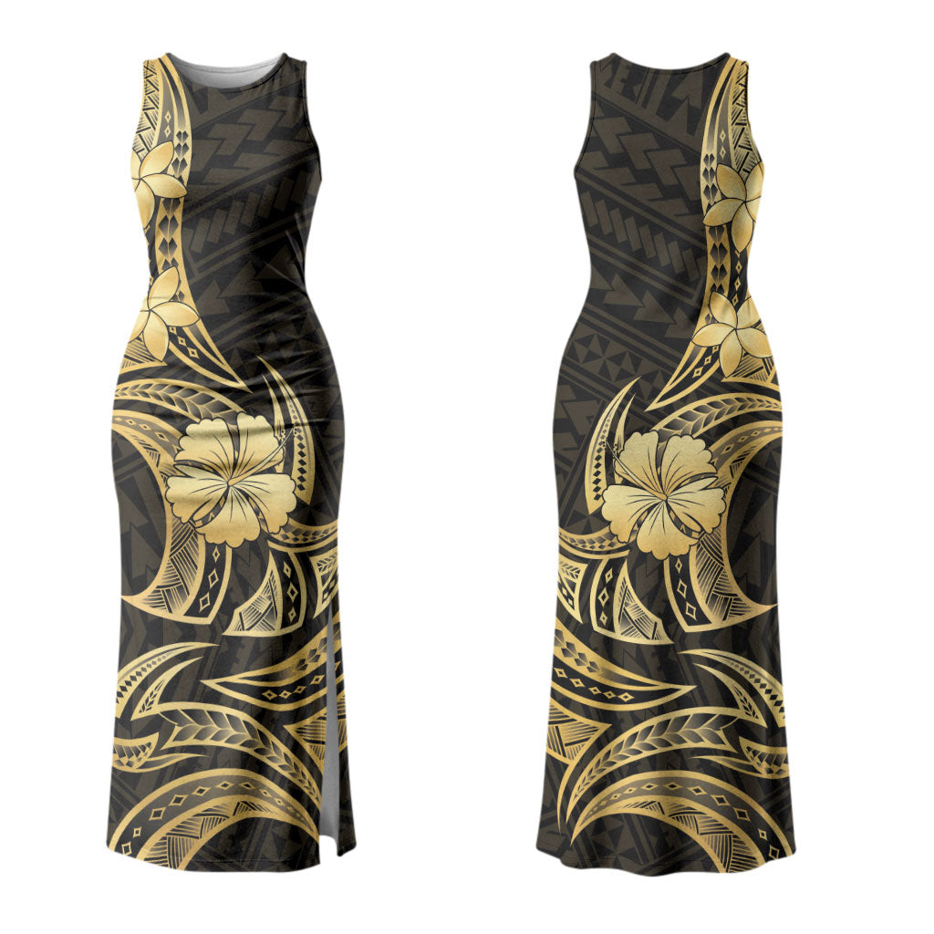 Gold Black Polynesia Hibiscus Plumeria Tattoo Couples Matching Tank Maxi Dress and Long Sleeve Button Shirt LT14 - Polynesian Pride