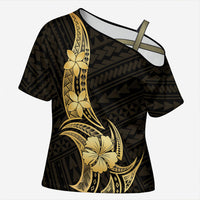 Gold Black Polynesia Hibiscus Plumeria Tattoo Cross Shoulder Shirt LT14 Female Black - Polynesian Pride