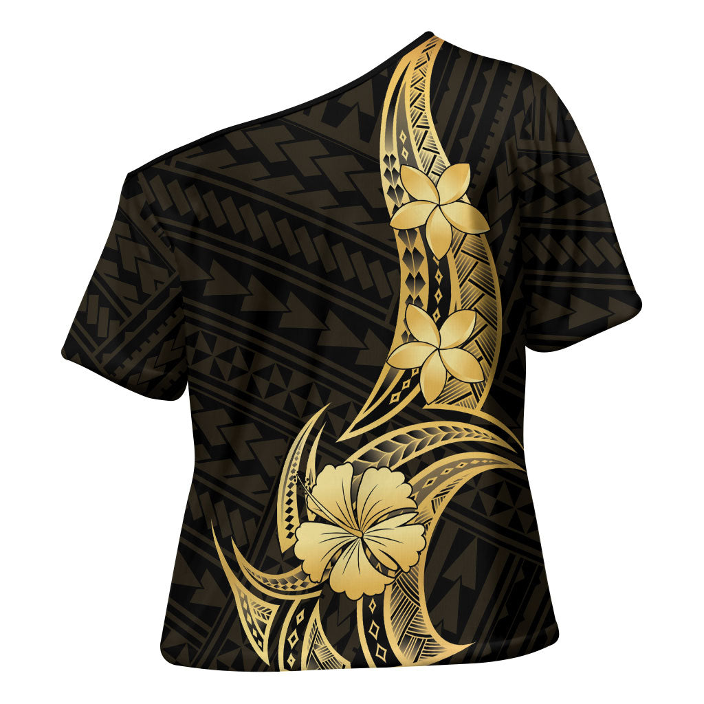 Gold Black Polynesia Hibiscus Plumeria Tattoo Cross Shoulder Shirt LT14 - Polynesian Pride
