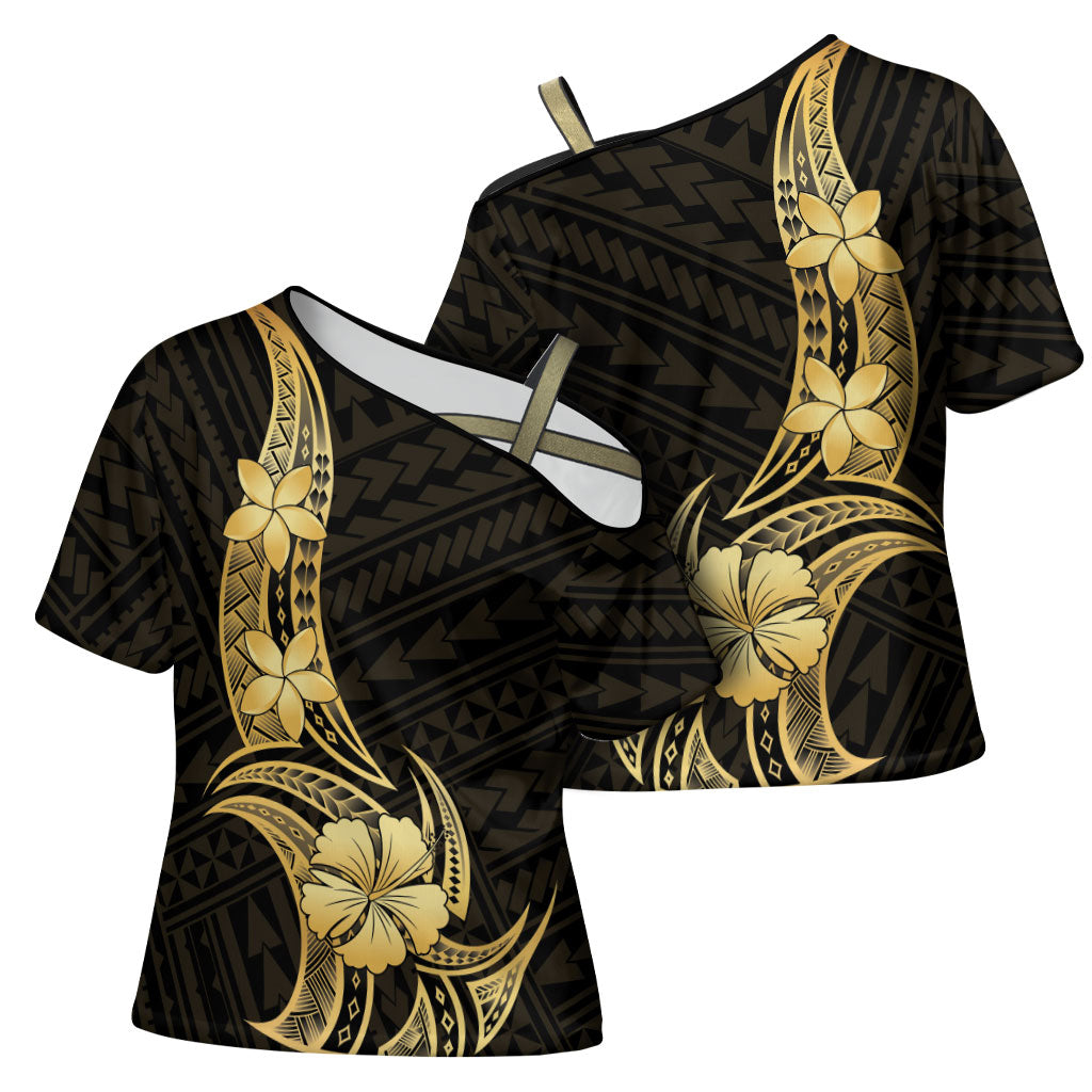 Gold Black Polynesia Hibiscus Plumeria Tattoo Cross Shoulder Shirt LT14 - Polynesian Pride