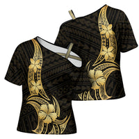 Gold Black Polynesia Hibiscus Plumeria Tattoo Cross Shoulder Shirt LT14 - Polynesian Pride