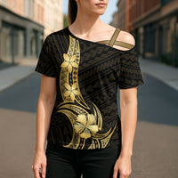 Gold Black Polynesia Hibiscus Plumeria Tattoo Cross Shoulder Shirt LT14 - Polynesian Pride