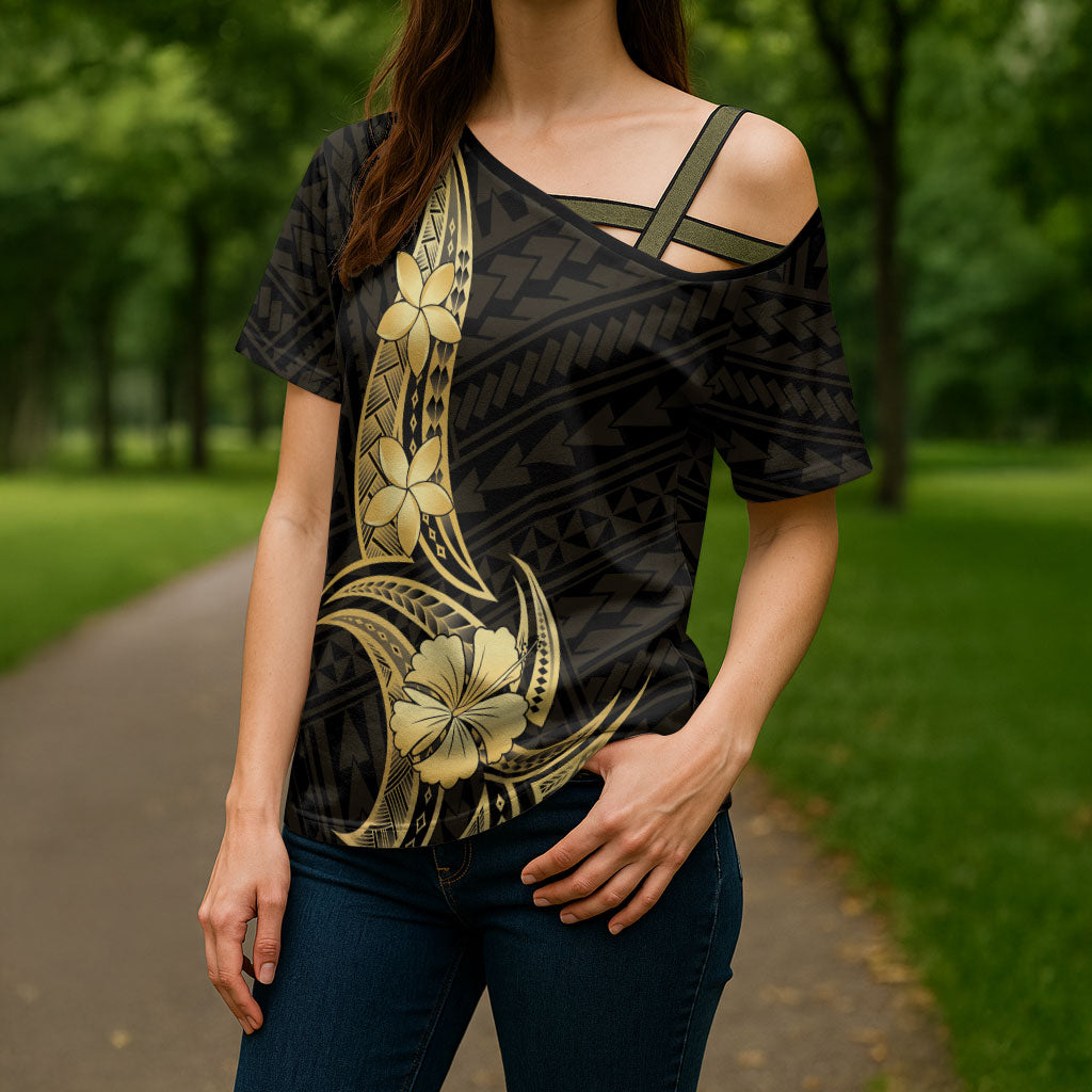Gold Black Polynesia Hibiscus Plumeria Tattoo Cross Shoulder Shirt LT14 - Polynesian Pride