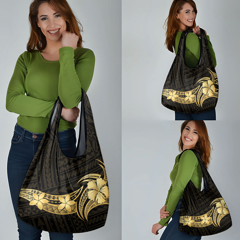 Gold Black Polynesia Hibiscus Plumeria Tattoo Grocery Bag LT14 - Polynesian Pride