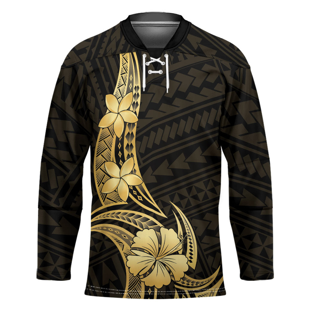 Gold Black Polynesia Hibiscus Plumeria Tattoo Hockey Jersey LT14 Unisex Black - Polynesian Pride