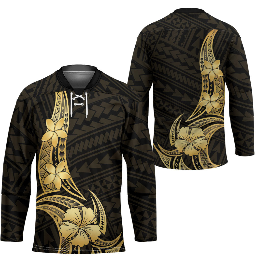 Gold Black Polynesia Hibiscus Plumeria Tattoo Hockey Jersey LT14 - Polynesian Pride