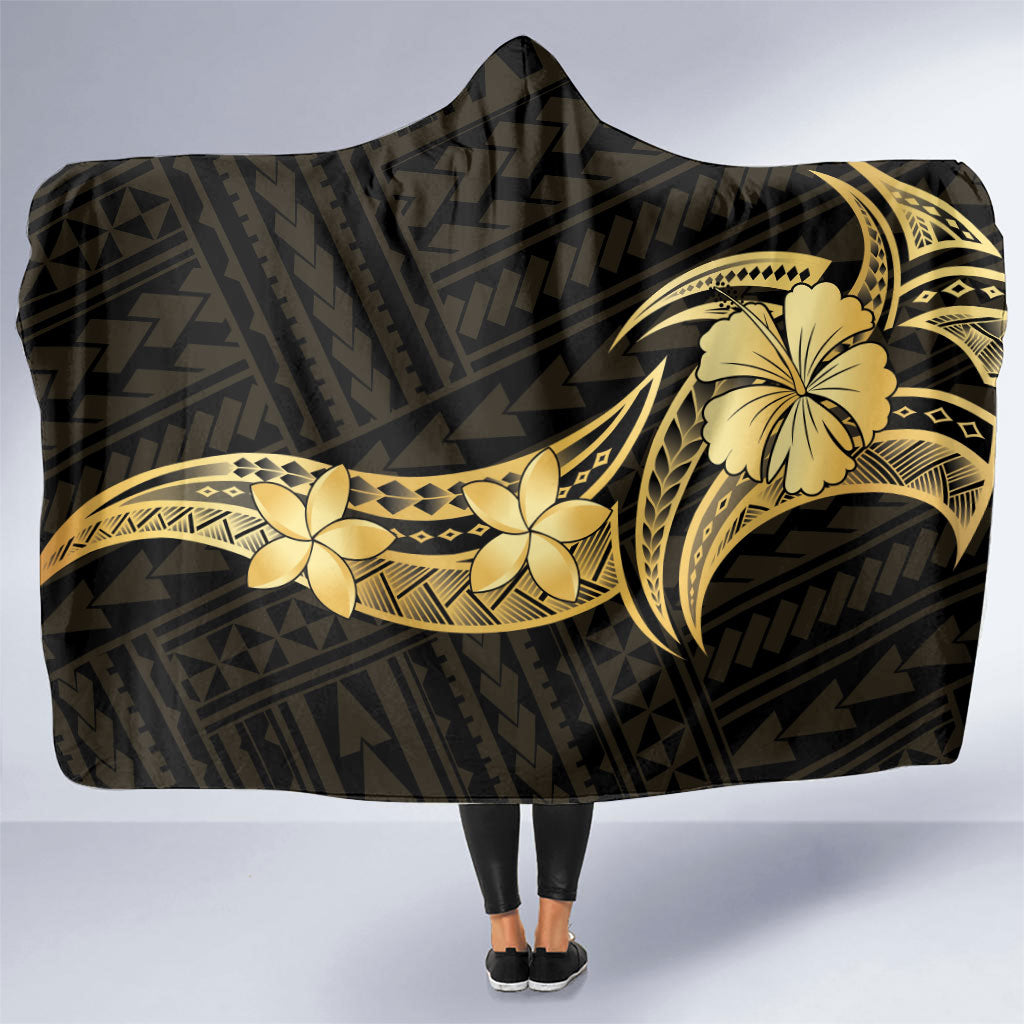 Gold Black Polynesia Hibiscus Plumeria Tattoo Hooded Blanket LT14 One Size Black - Polynesian Pride