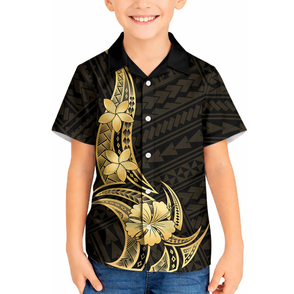 Gold Black Polynesia Hibiscus Plumeria Tattoo Kid Hawaiian Shirt LT14 Kid Black - Polynesian Pride