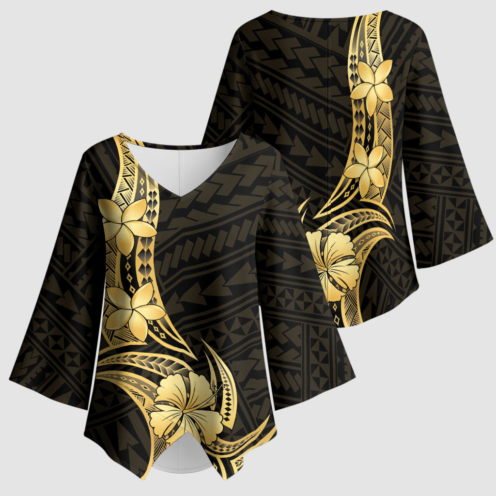 Gold Black Polynesia Hibiscus Plumeria Tattoo Kimono Sleeve Blouse LT14 - Polynesian Pride