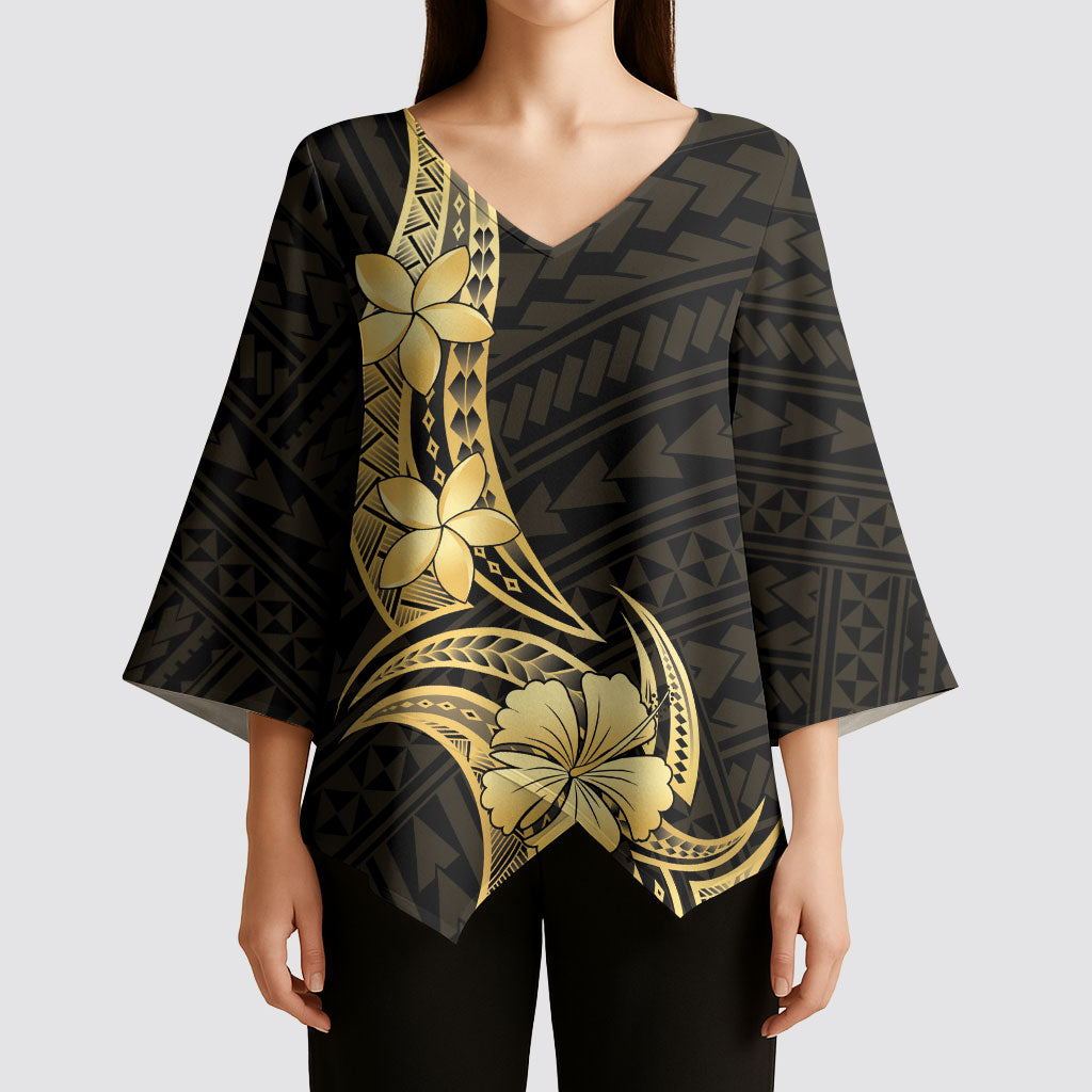 Gold Black Polynesia Hibiscus Plumeria Tattoo Kimono Sleeve Blouse LT14 - Polynesian Pride