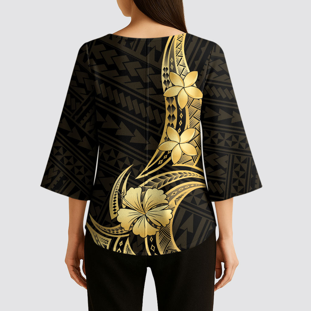 Gold Black Polynesia Hibiscus Plumeria Tattoo Kimono Sleeve Blouse LT14 - Polynesian Pride