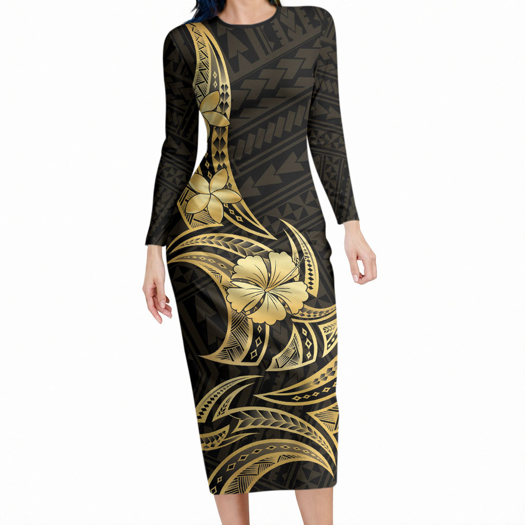 Gold Black Polynesia Hibiscus Plumeria Tattoo Long Sleeve Bodycon Dress LT14 Long Dress Black - Polynesian Pride
