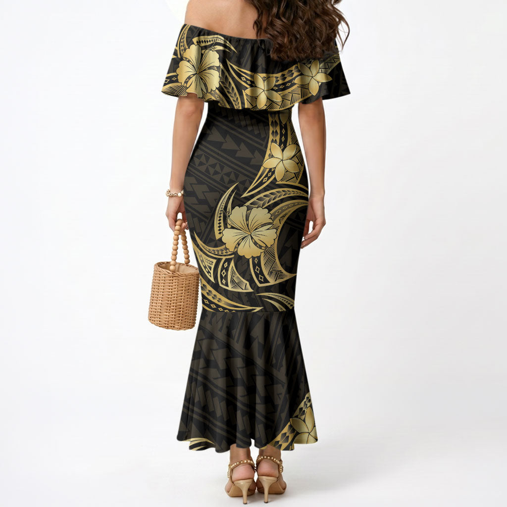Gold Black Polynesia Hibiscus Plumeria Tattoo Mermaid Dress LT14 - Polynesian Pride