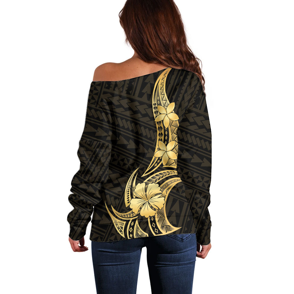 Gold Black Polynesia Hibiscus Plumeria Tattoo Off Shoulder Sweater LT14 - Polynesian Pride