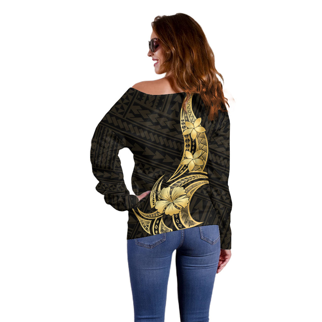 Gold Black Polynesia Hibiscus Plumeria Tattoo Off Shoulder Sweater LT14 - Polynesian Pride