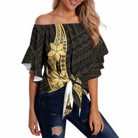 Gold Black Polynesia Hibiscus Plumeria Tattoo Off Shoulder Wrap Waist Top LT14 Black - Polynesian Pride