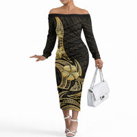 Gold Black Polynesia Hibiscus Plumeria Tattoo Off The Shoulder Long Sleeve Dress LT14 Women Black - Polynesian Pride