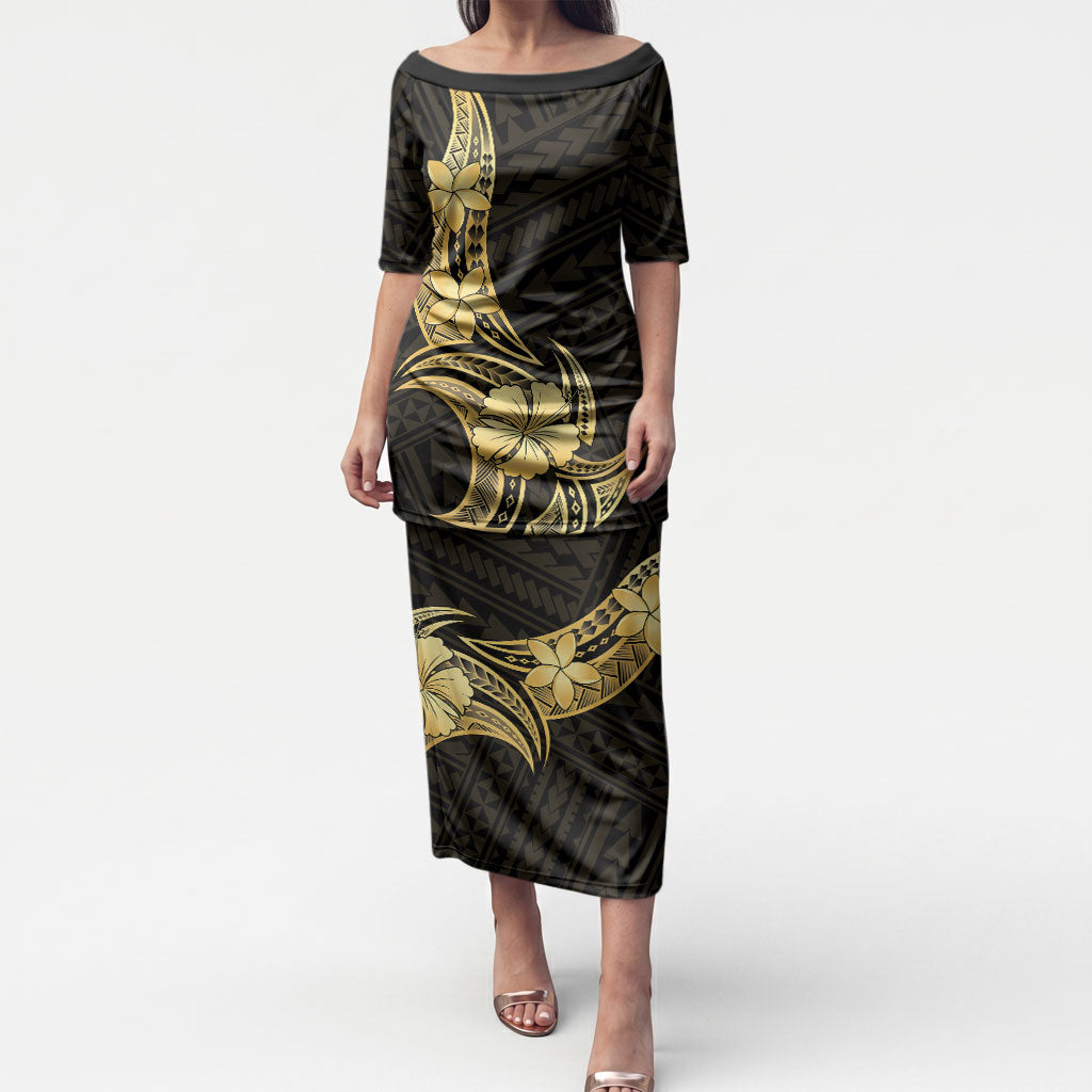 Gold Black Polynesia Hibiscus Plumeria Tattoo Puletasi LT14 Long Dress Black - Polynesian Pride