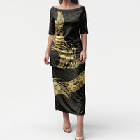 Gold Black Polynesia Hibiscus Plumeria Tattoo Puletasi LT14 Long Dress Black - Polynesian Pride