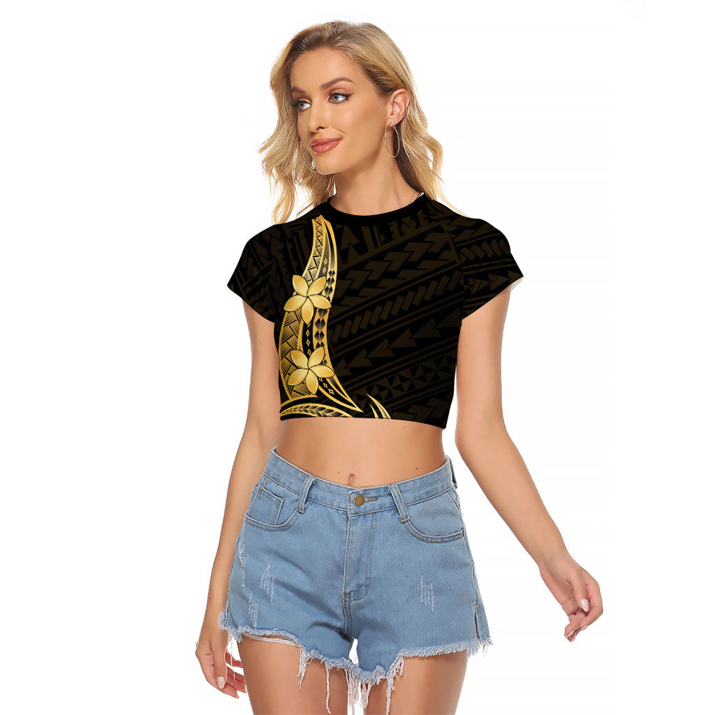 Gold Black Polynesia Hibiscus Plumeria Tattoo Raglan Cropped T Shirt LT14 Female Black - Polynesian Pride