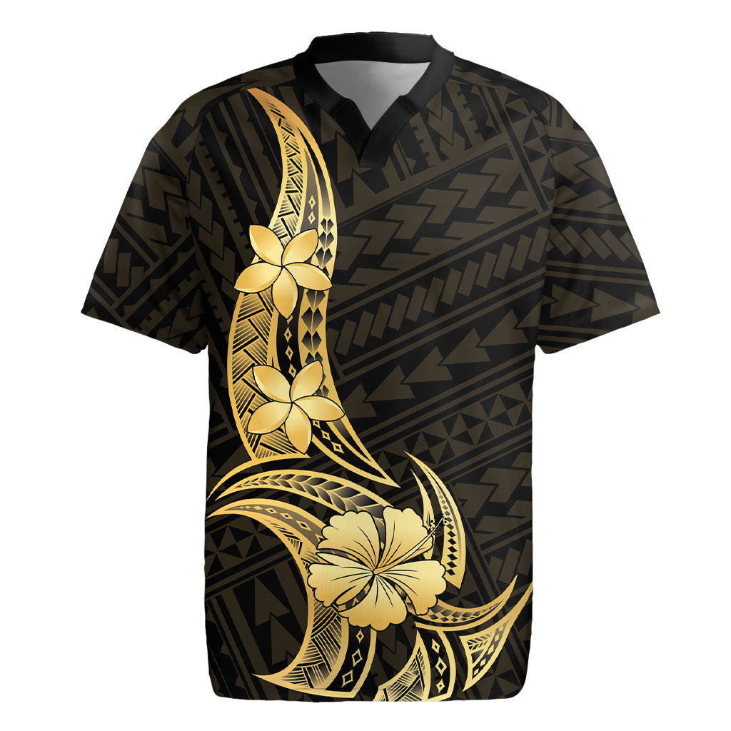 Gold Black Polynesia Hibiscus Plumeria Tattoo Rugby Jersey LT14 Black - Polynesian Pride