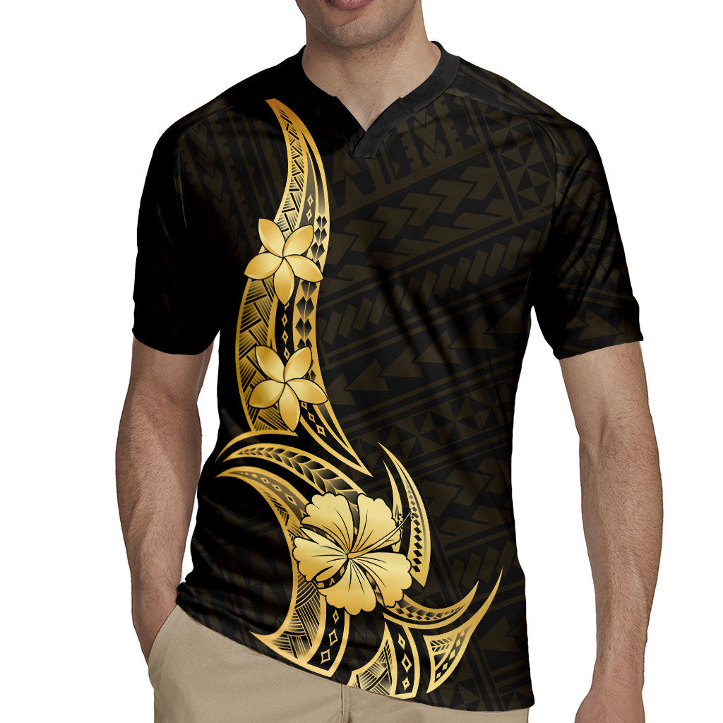 Gold Black Polynesia Hibiscus Plumeria Tattoo Rugby Jersey LT14 - Polynesian Pride