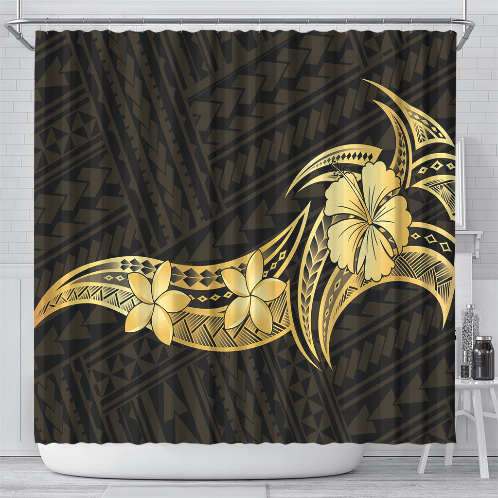 Gold Black Polynesia Hibiscus Plumeria Tattoo Shower Curtain LT14 - Polynesian Pride