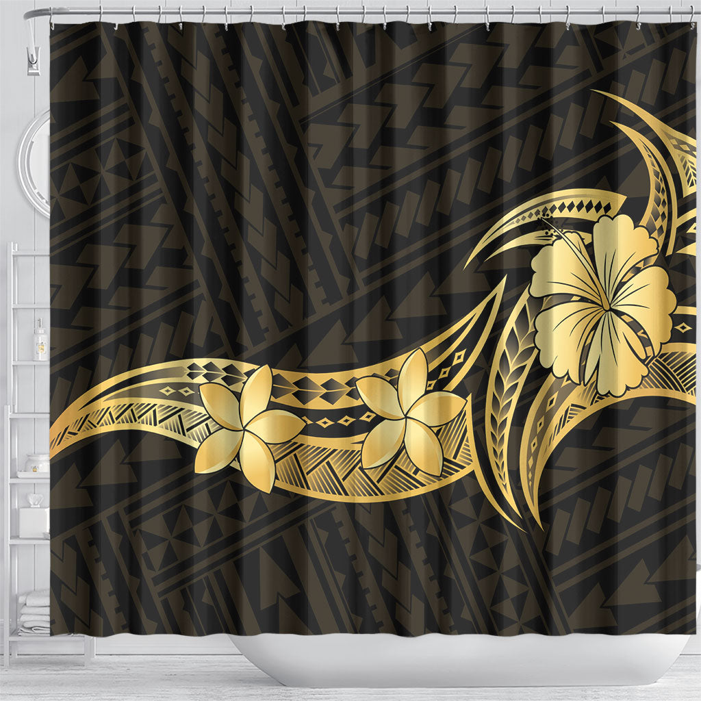 Gold Black Polynesia Hibiscus Plumeria Tattoo Shower Curtain LT14 - Polynesian Pride