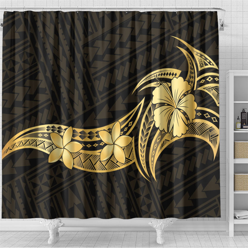 Gold Black Polynesia Hibiscus Plumeria Tattoo Shower Curtain LT14 - Polynesian Pride