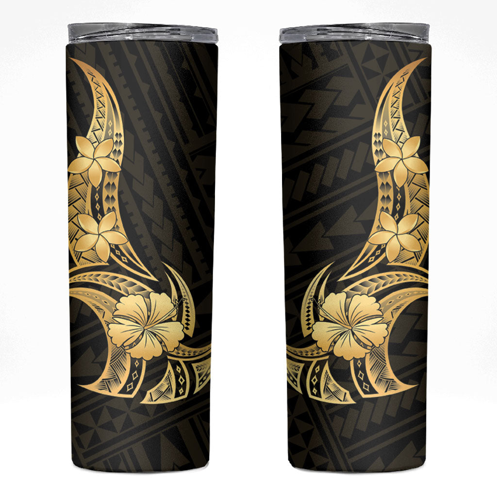 Gold Black Polynesia Hibiscus Plumeria Tattoo Skinny Tumbler LT14 Black - Polynesian Pride