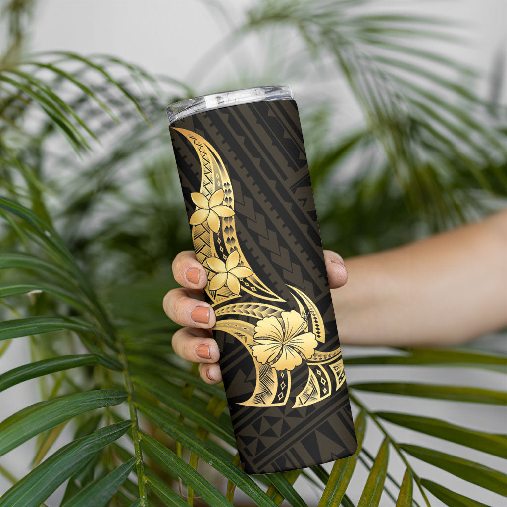 Gold Black Polynesia Hibiscus Plumeria Tattoo Skinny Tumbler LT14 - Polynesian Pride