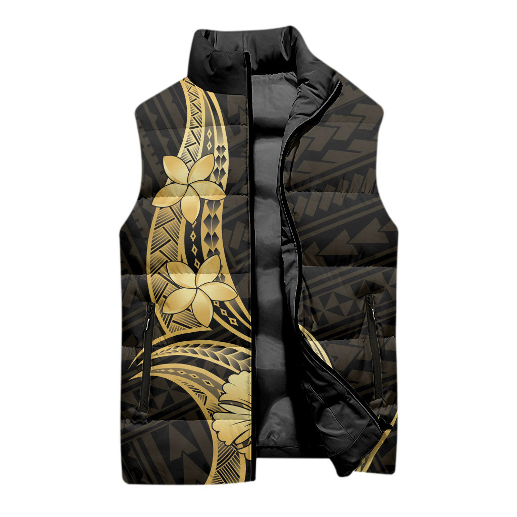 Gold Black Polynesia Hibiscus Plumeria Tattoo Sleeveless Puffer Jacket