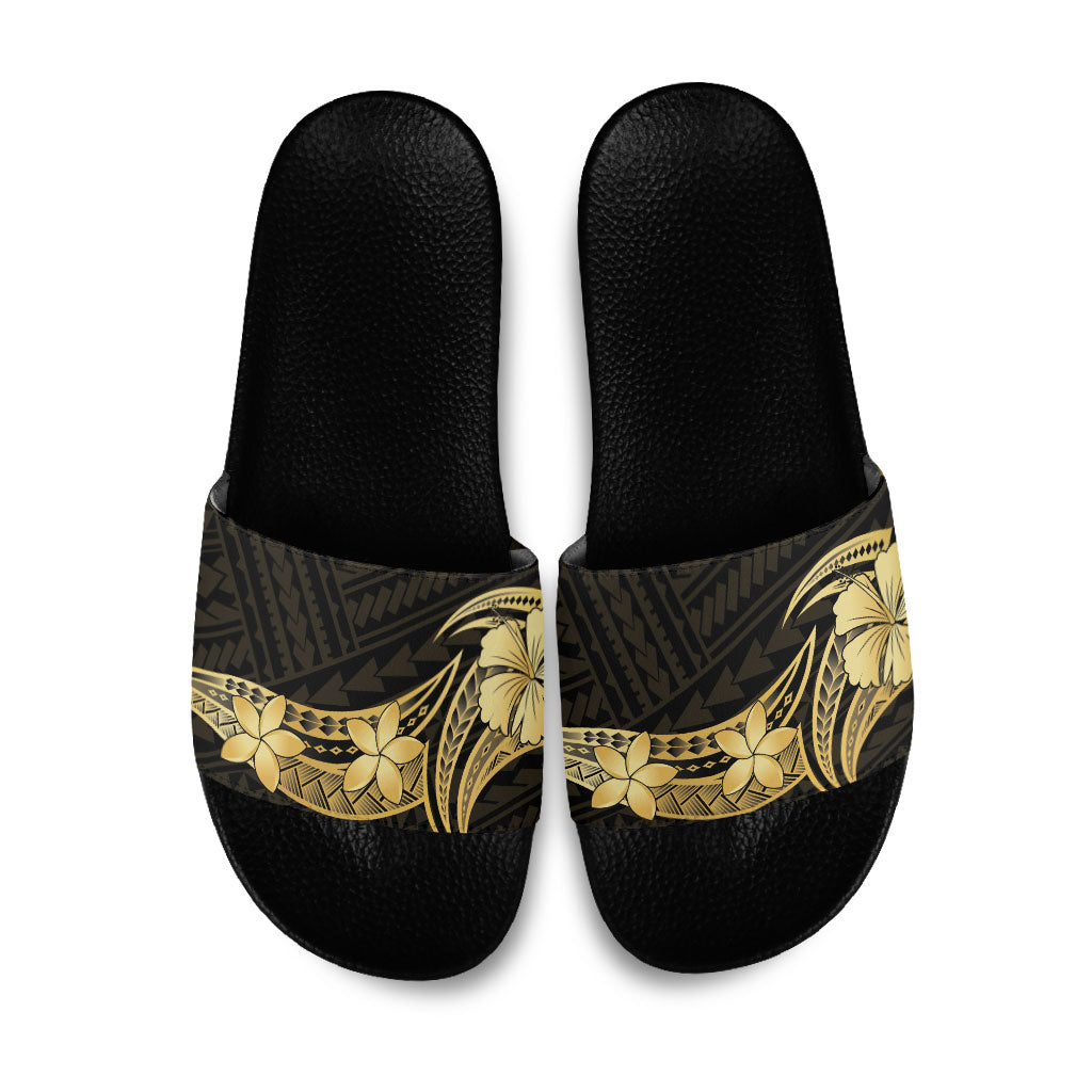 Gold Black Polynesia Hibiscus Plumeria Tattoo Slide Sandals LT14 Black - Polynesian Pride