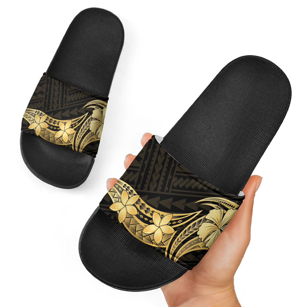 Gold Black Polynesia Hibiscus Plumeria Tattoo Slide Sandals LT14 - Polynesian Pride
