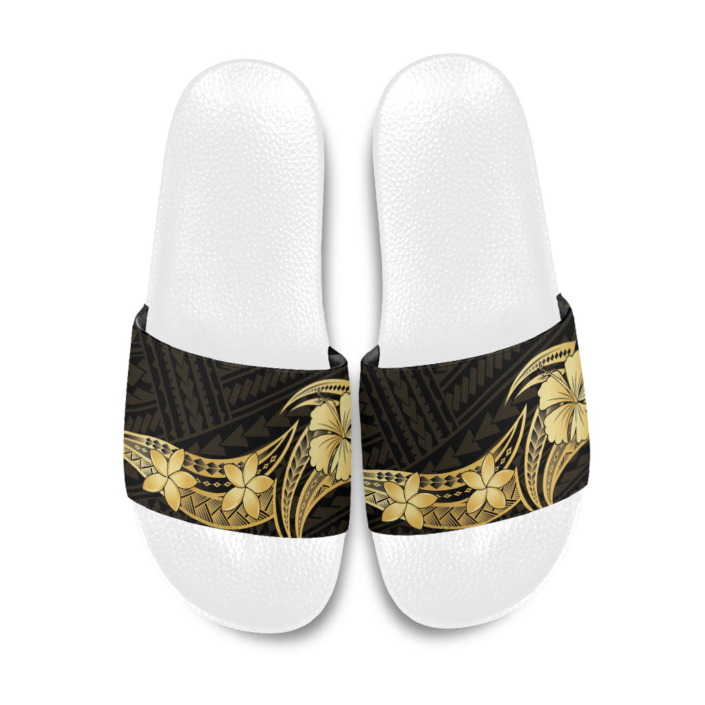 Gold Black Polynesia Hibiscus Plumeria Tattoo Slide Sandals LT14 Black - Polynesian Pride