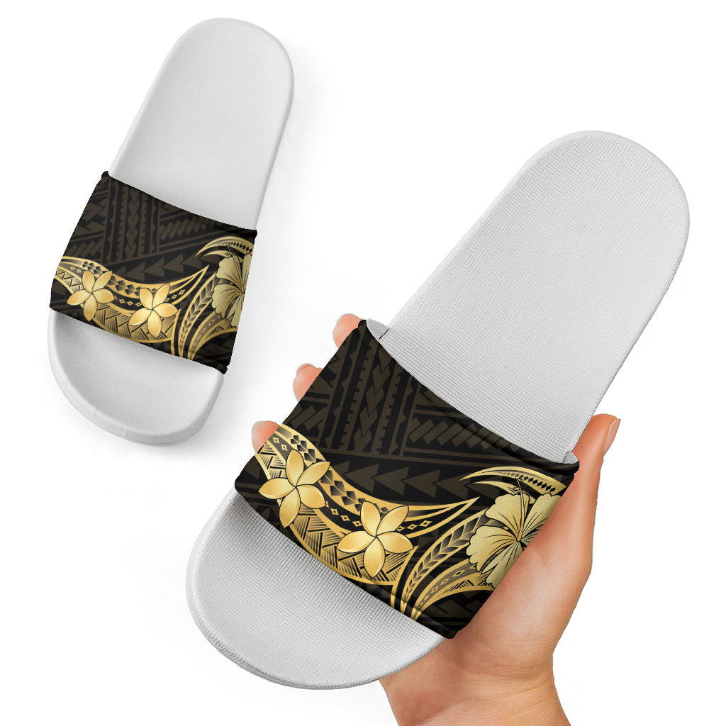 Gold Black Polynesia Hibiscus Plumeria Tattoo Slide Sandals LT14 - Polynesian Pride