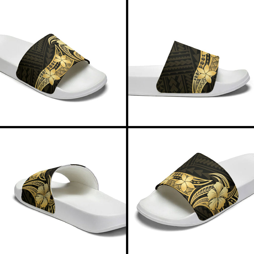Gold Black Polynesia Hibiscus Plumeria Tattoo Slide Sandals LT14 - Polynesian Pride