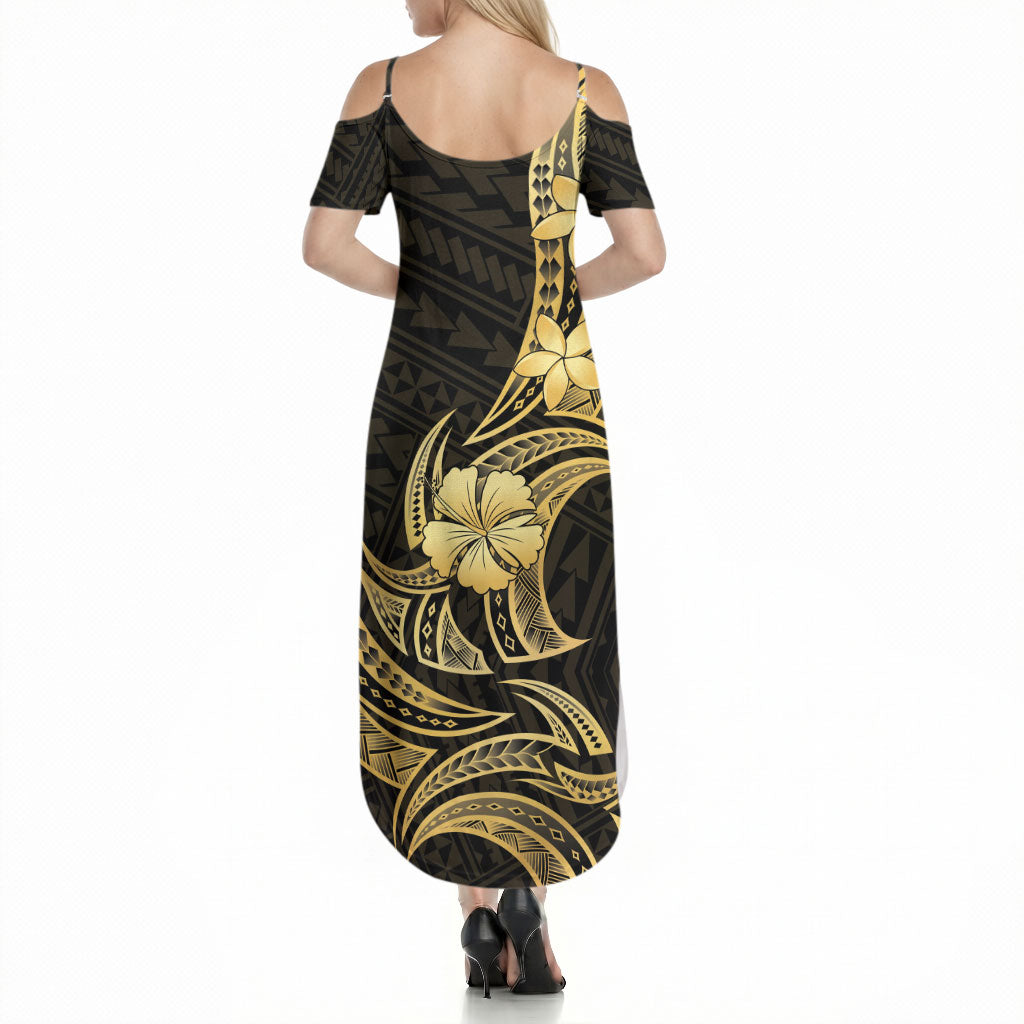 Gold Black Polynesia Hibiscus Plumeria Tattoo Summer Maxi Dress LT14 - Polynesian Pride
