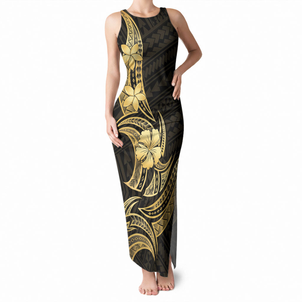 Gold Black Polynesia Hibiscus Plumeria Tattoo Tank Maxi Dress LT14 Women Black - Polynesian Pride
